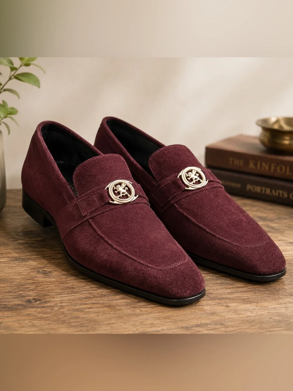 Stacy Adams Men's Burgundy Suede Slip-On Loafers with Gold Medallion